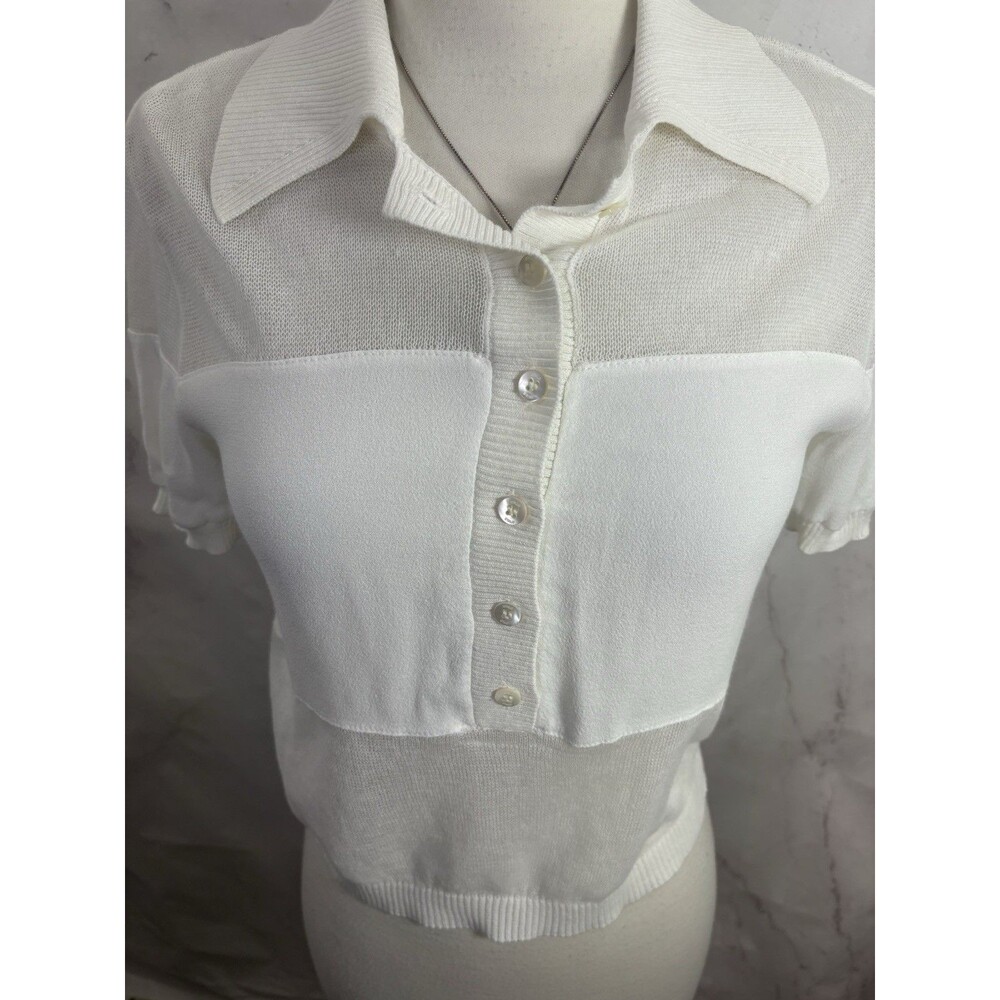 STAUD Short Sleeve Polo Mesh Top Blouse Women XS White Cropped Preppy Retro - Picture 6 of 16